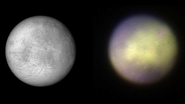GPI can look at worlds in our solar system, too, like Jupiter's moon Europa (right). Compare that to the map of the moon made by space probes that actually went there (left).