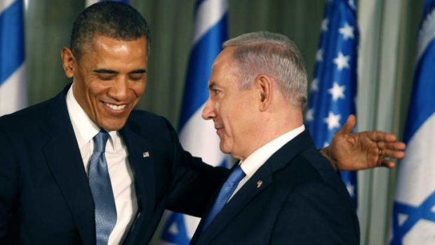 All smiles ... Barack Obama and Benjamin Netanyahu during their press conference in Jerusalem.
