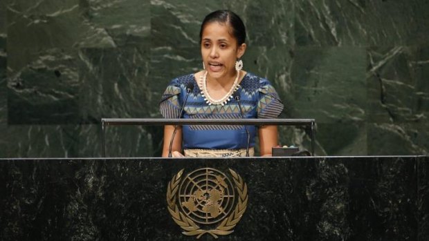 Kathy Jetnil-Kijiner addresses the opening of the Climate Summit in New York.