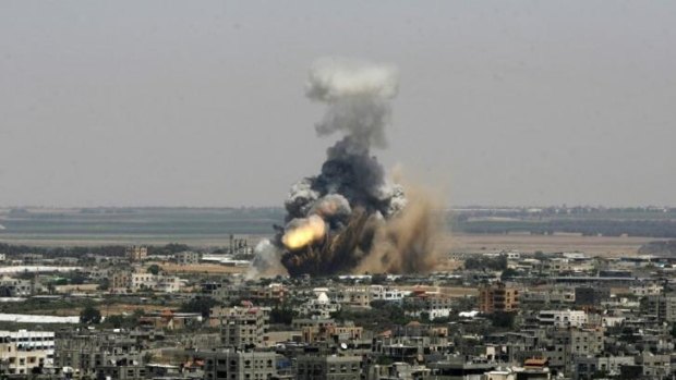 An Israeli missile explodes on impact in Rafah, southern Gaza Strip.