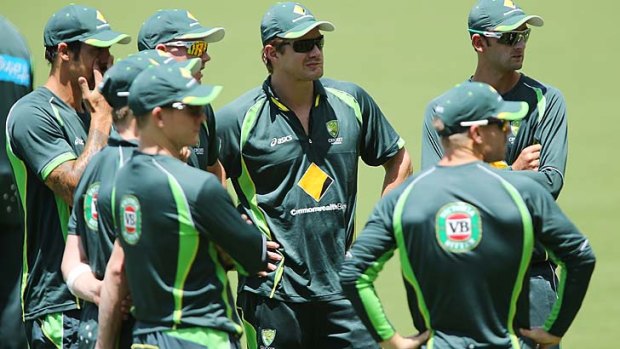 Australian cricketers gather for nets at the Adelaide Oval on Monday.