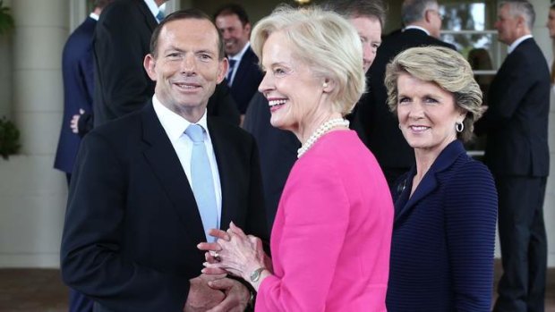 Prime Minister Tony Abbott with Governor-General Quentin Bryce and Foreign Minister Julie Bishop.