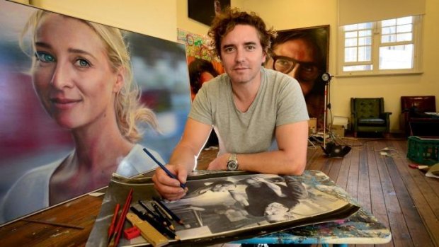 Dual image: Vincent Fantauzzo works on his graphite pencil and water colour portrait of actor Guy Pearce.