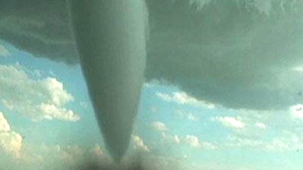 A frame grab from the video of the big twister approaching the chase van in Colorado.