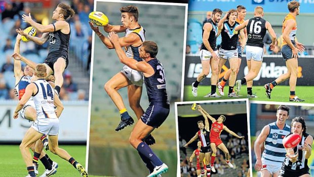 Go home five: (Clockwise from left) the Blues' SamDocherty; Eagle Elliot Yeo; Port's Jared Polec (second from left); Magpie Patrick Karnezis; Saint Billy Longer.