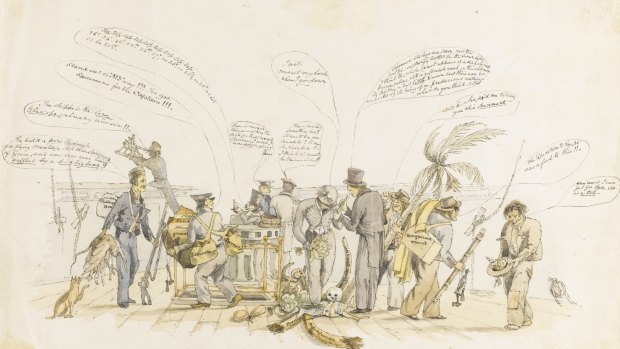 Charles Darwin and crew members deal with fossils, botanical and mineralogical specimens on board the HMS Beagle in the watercolour cartoon by Augustus Earle.