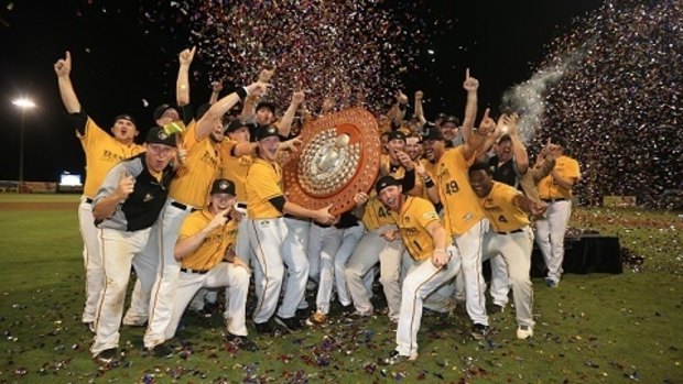 The Brisbane Bandits celebrate their championship series win over the Adelaide Bite.