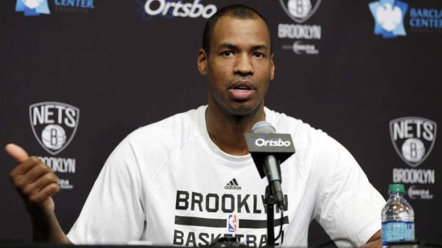 Brooklyn Nets centre Jason Collins speaks during a news conference before the game against the Chicago Bulls at the Barclays Center.