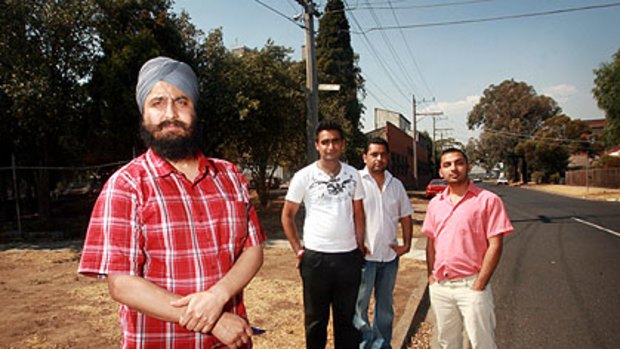 Dayajot Singh, foreground, stands on the corner of Barkly and Ferguson streets, with L to R, Inderjot Singh, Harwinder Singh and Ricky Ahluwalia.