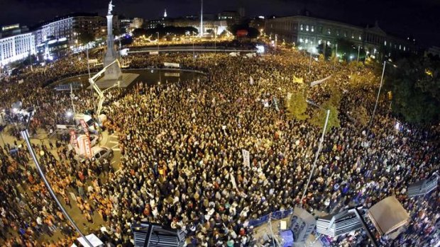 All out ... protesters fill up Madrid's Colon square during a demonstration at a 24-hour nationwide general strike on Wednesday.