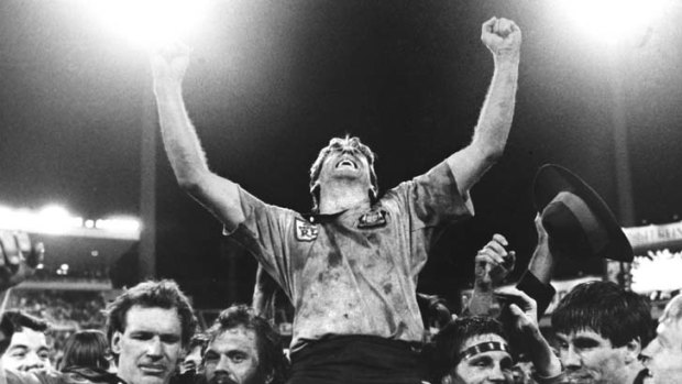 Blue fame &#8230; Steve Mortimer celebrates NSW's first State of Origin series win over Queensland after game two at the SCG in 1985.