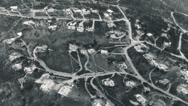 An aerial view of Fairhaven shows most houses destroyed.