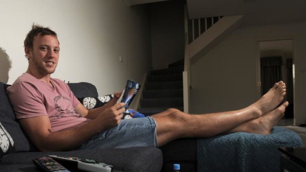 The Brumbies, man of the match, in Friday night's clash against the Western Force, Jesse Mogg, in relaxed mode at his apartment in Kingston.