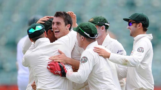In happier times: Pat Cummins celebrates another South African wicket.