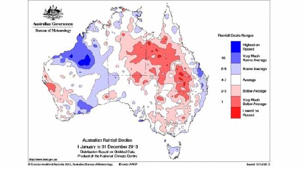 Wet in the north west in 2013, mostly dry or average rain elsewhere. Source: BoM