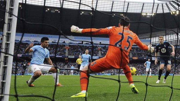 Manchester City's Sergio Aguero scores in his sides 6-0 win over Tottenham.