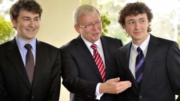 Prime Minister Kevin Rudd pictured in 2010 with sons Nicholas, left, and Marcus, who have joined the campaign team as their father prepares to take on Tony Abbott this year.