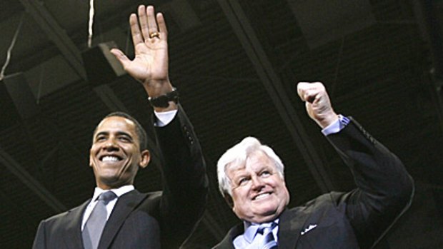 US President Barack Obama as a hopeful candidate next to Senator Edward Kennedy in 2008.