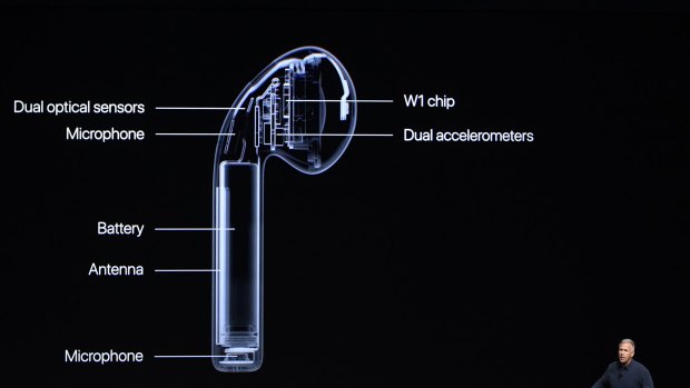 Phil Schiller, senior vice president of worldwide marketing at Apple, unveils the AirPods headphones during the Apple event in San Francisco, California.