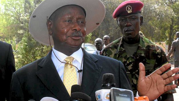 Ugandan President Yoweri Museveni speaking to press in Juba, in South Sudan.