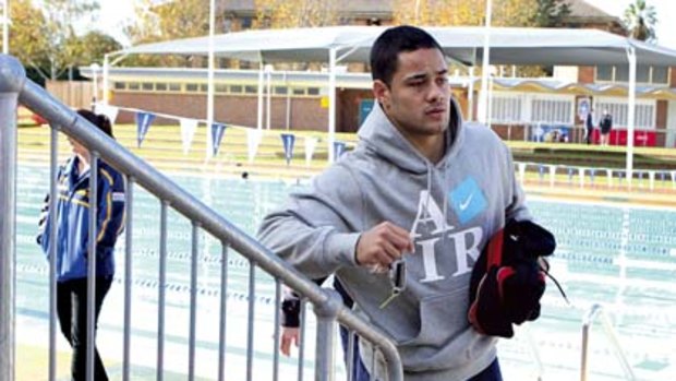 Dampener ... Jarryd Hayne attends Parramatta's recovery session yesterday.