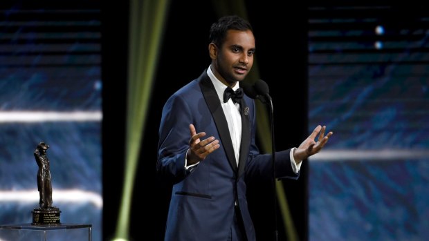 Aziz Ansari accepts the Charlie Chaplin award for excellence in comedy at the BAFTA Los Angeles Britannia Awards on October 27, 2017.