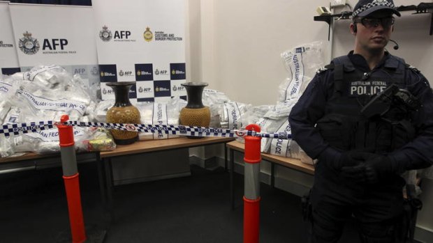 Huge haul ... the Australian Federal Police displays some of the ice seized in the operation.