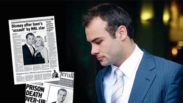 The accused … Manly rugby league player Brett Stewart leaves a Sydney court in September 2010 during his trial for alleged sexual assault; (inset) some of the headlines created by the incident.