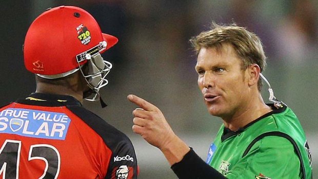 Fired up ... Shane Warne during his heated exchange with Marlon Samuels.