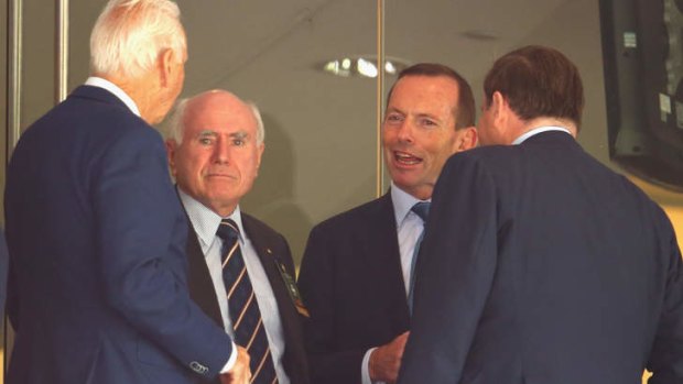 Prime Minister Tony Abbott and former prime minister John Howard at the SCG for day one of the fifth Ashes test.