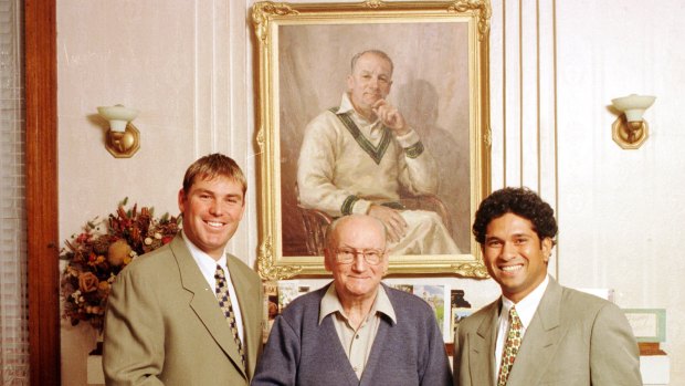 Three greats: Shane Warne, Don Bradman and Sachin Tendulkar celebrate the Don's 90th birthday. 