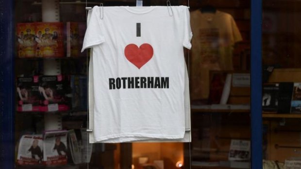 T-shirts in a shop window of the South Yorkshire town.