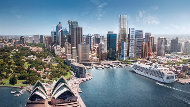 Lendlease's $1.5 billion Circular Quay Office Tower (tallest building  towards the right) will sit behind the Wanda One Circular Quay apartment and hotel development.