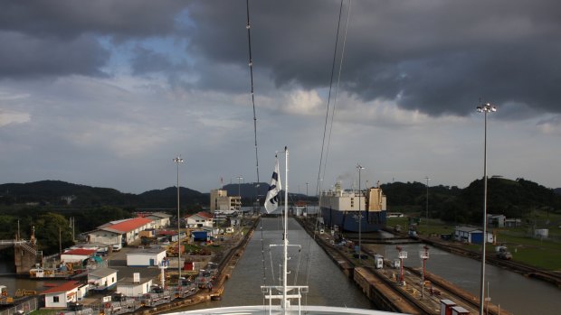 The Miraflores Locks of the Panama Canal.