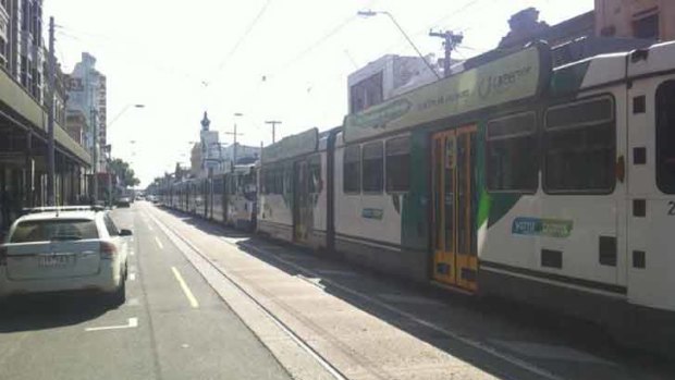 Trams banked up on Smith Street after this morning's explosion.