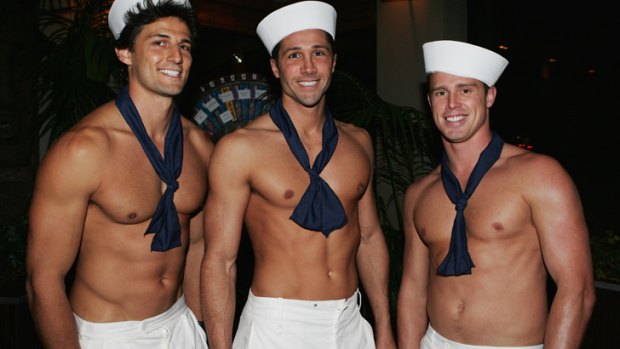Topless entertainers ... Tim Robards, left, and Nathan Secomb, far right.
