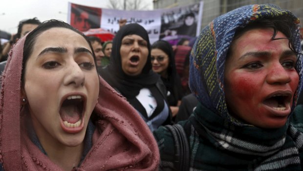 Afghans at a protest in Kabul on Tuesday to condemn the killing of 27-year-old woman, Farkhunda, who was beaten with sticks and set on fire by a crowd of men in central Kabul.