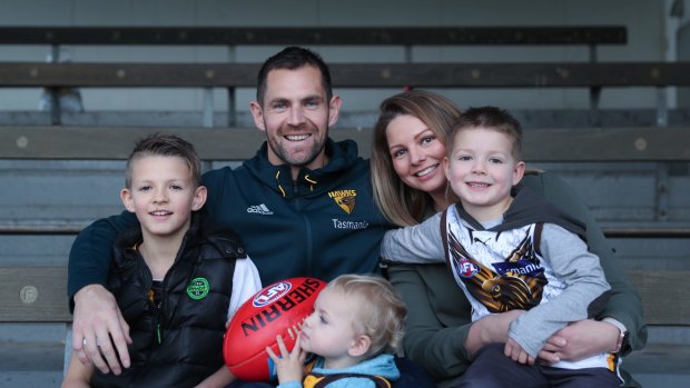 Luke Hodge pictured with his family ,wife Lauren , sons (L-R) Cooper, Leo and Chase. 