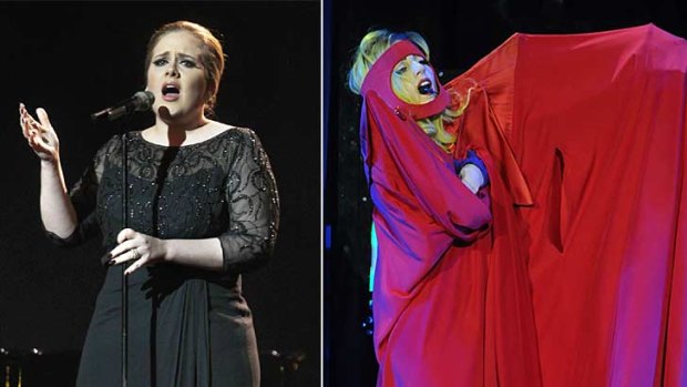 A tale of two ditties … Adele performs with a startling lack of stage hokum, left, while Lady Gaga opts for the more exhibitionist route. Photos: Getty