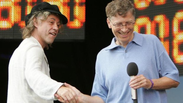 Campaigning: Bob Geldof and then  Microsoft chairman Bill Gates on stage at the London Live 8 concert in 2005.