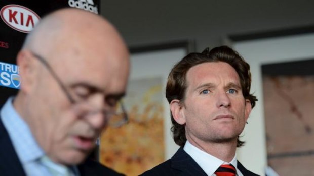 Essendon coach James Hird and Chairman Paul Little speak to the media in 2013.