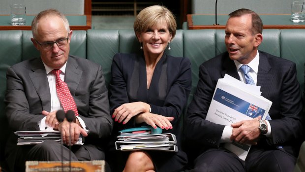 High-level discussions: Communications Minister Malcolm Turnbull, Foreign Affairs Minister Julie Bishop and Prime Minister Tony Abbott.