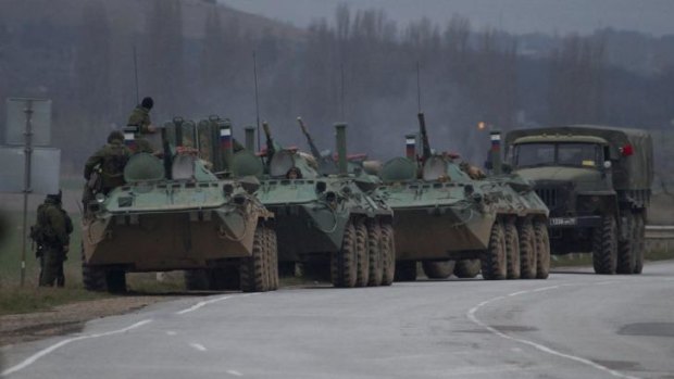 Russian armored personnel carriers near the town of Bakhchisarai, Ukraine.