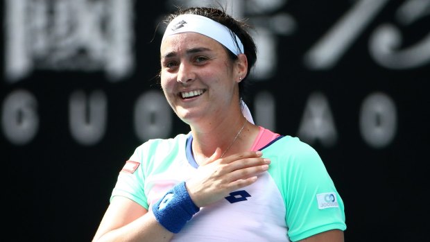 Ons Jabeur celebrates after winning her fourth-round match against Qiang Wang.