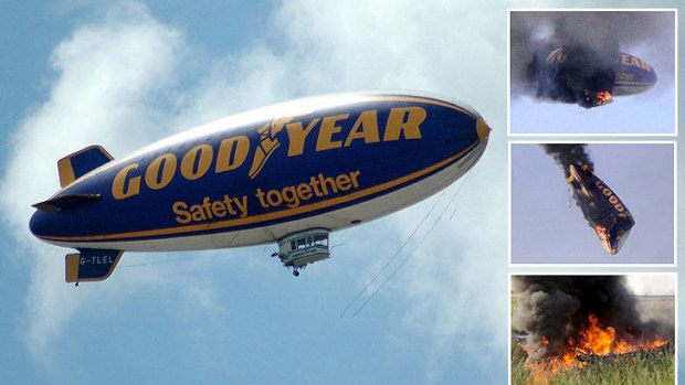 The airship catches fire and crashes after the Australian pilot told his passengers to jump clear.