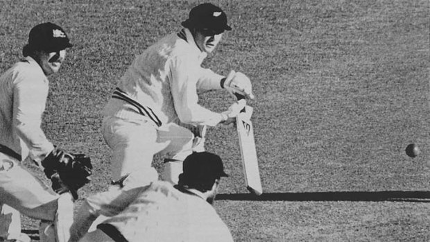 New Zealand batsman Martin Crowe in action against Australia at Lancaster Park on 21 March 1982. Rod Marsh is the wicket keeper.