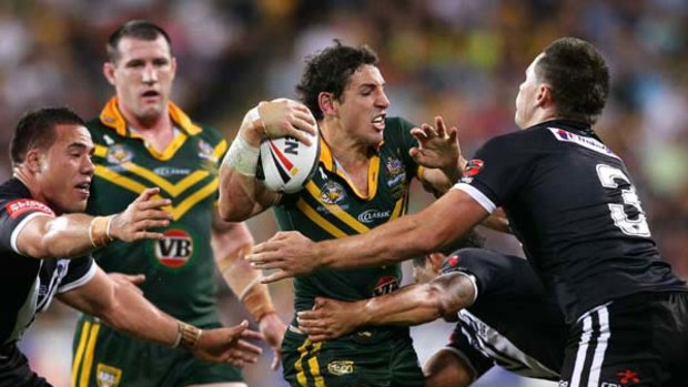Billy Slater looks to get a pass away against New Zealand last night.