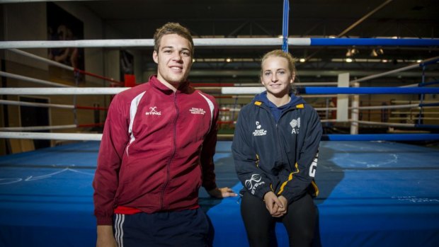 Australian Commonwealth Games boxers  Joseph Goodall and Kristy Harris in the boxing gym at the AIS.