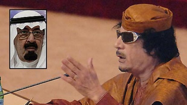 Letting the insults fly ... Maverick Libyan leader Moamer Gadhafi launched a tirade against Saudi King Abdullah, inset.