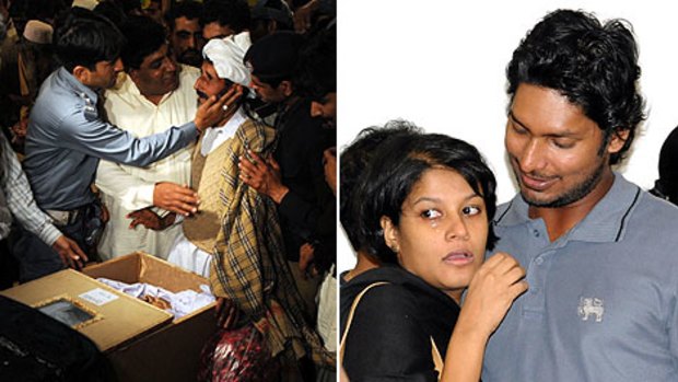 Anguish and ecstasy ... in Lahore, a Pakistani man is comforted as he cries for a victim of the deadly ambush while in Colombo, cricketer Kumar Sangakkara hugs his wife, Yehali, as he returns home.